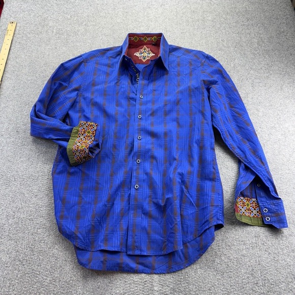 Robert Graham‎ Dress Shirt Men's Medium Blue Windowpane Check Khadi Flip Cuff - Picture 1 of 12